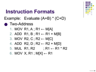 Instruction Formats
Example: Evaluate (A+B) * (C+D)
● Two-Address
1. MOV R1, A ; R1 ← M[A]
2. ADD R1, B ; R1 ← R1 + M[B]
3. MOV R2, C ; R2 ← M[C]
4. ADD R2, D ; R2 ← R2 + M[D]
5. MUL R1, R2 ; R1 ← R1 * R2
6. MOV X, R1 ; M[X] ← R1
 