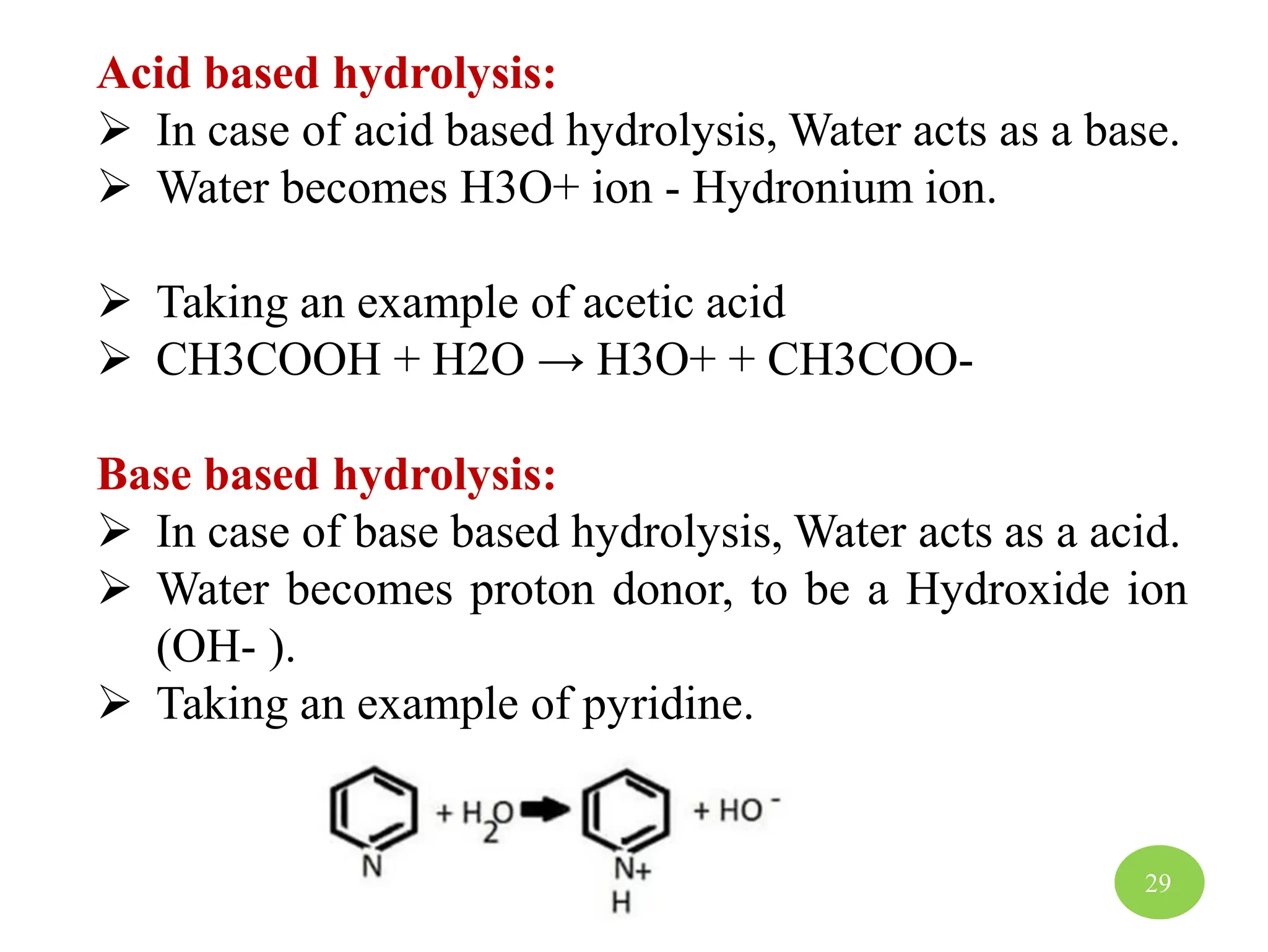 Acid based hydrolysis:
 In case of acid based hydrolysis, Water acts as a base.
 Water becomes H3O+ ion - Hydronium ion.
 Taking an example of acetic acid
 CH3COOH + H2O → H3O+ + CH3COO-
Base based hydrolysis:
 In case of base based hydrolysis, Water acts as a acid.
 Water becomes proton donor, to be a Hydroxide ion
(OH- ).
 Taking an example of pyridine.
29
 
