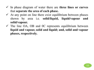  In phase diagram of water there are three lines or curves
that separate the area of each phase.
 At any point on line there exist equilibrium between phases
shown by area i.e. solid/liquid, liquid/vapour and
solid/vapour.
 The line OA, OB and 0C represents equilibrium between
liquid and vapour, solid and liquid; and, solid and vapour
phases, respectively.
55
 