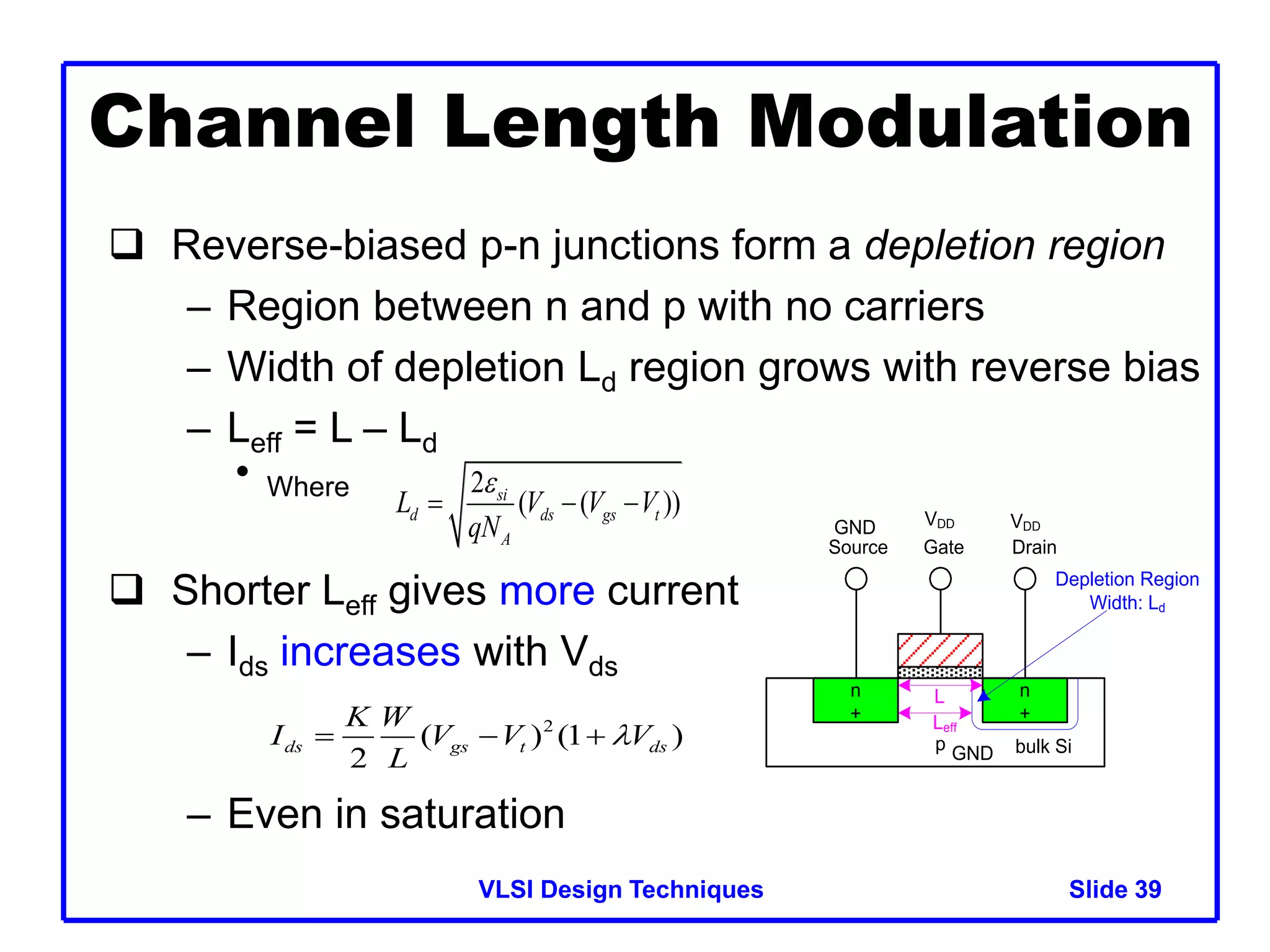VLSI Design Techniques Slide 39
39
Channel Length Modulation
 Reverse-biased p-n junctions form a depletion region
– Region between n and p with no carriers
– Width of depletion Ld region grows with reverse bias
– Leff = L – Ld
• Where
 Shorter Leff gives more current
– Ids increases with Vds
– Even in saturation
n
+
p
Gate
Source Drain
bulk Si
n
+
VDD
GND VDD
GND
L
Leff
Depletion Region
Width: Ld
2
( ( ))
si
d ds gs t
A
L V V V
qN

  
2
( ) (1 )
2
ds gs t ds
K W
I V V V
L
l
  
 