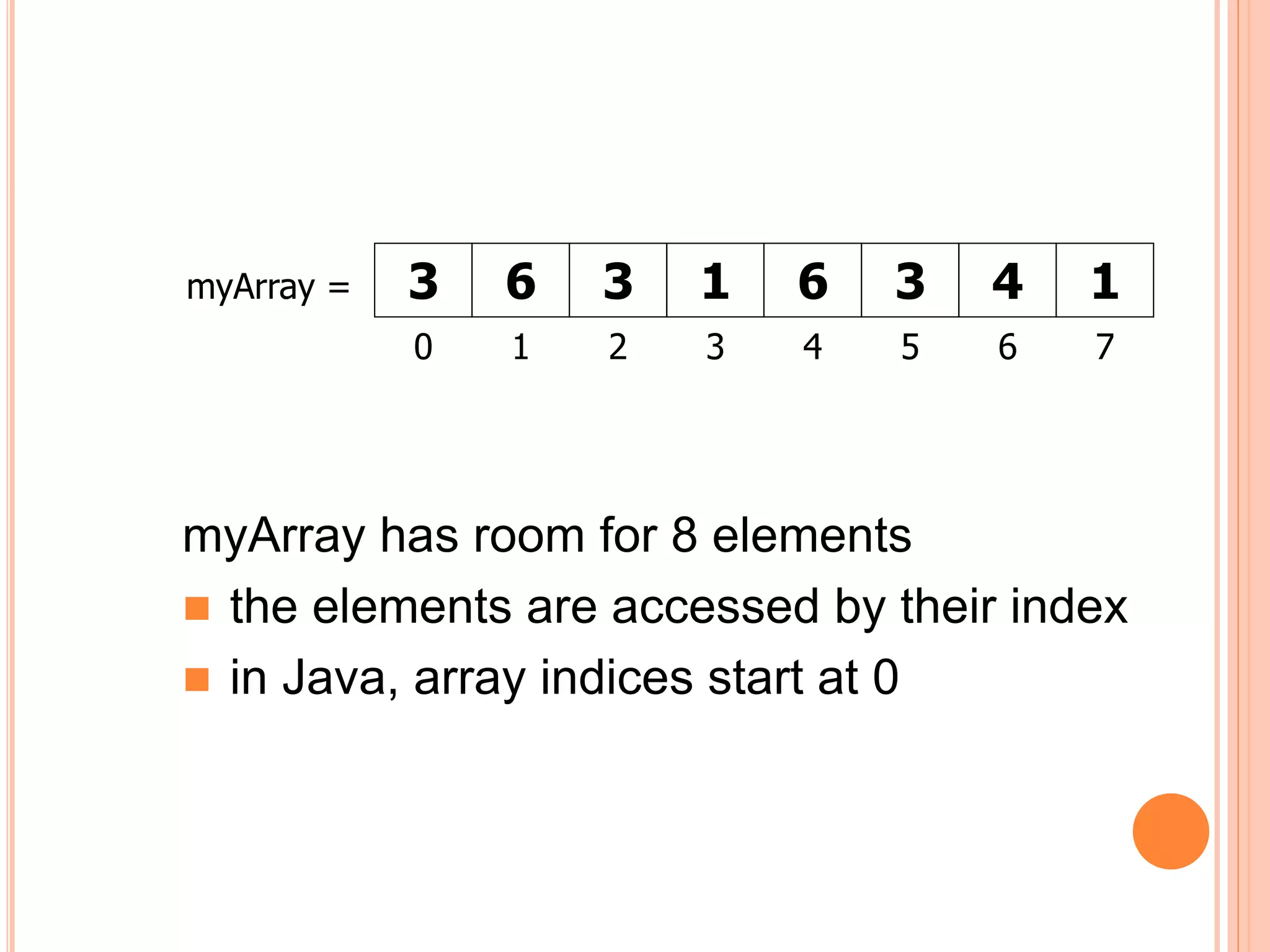 myArray has room for 8 elements
 the elements are accessed by their index
 in Java, array indices start at 0
3 6 3 1 6 3 4 1
myArray =
0 1 2 3 4 5 6 7
 