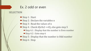 Ex. 2 odd or even
Step 1 : Start
Step 2 : Declare the variables n
Step 3 : Read the values of n
Step 4 : Check if(n%2 ==0), else goto step 5
Step 4.1 : Display that the number is Even number
Step 4.2 : Goto step 6
Step 5 : Display that the number is Odd number
Step 6 : Stop
SELECTION
 