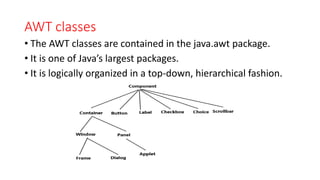 AWT classes
• The AWT classes are contained in the java.awt package.
• It is one of Java’s largest packages.
• It is logically organized in a top-down, hierarchical fashion.
 