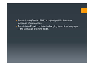 § Transcription (DNA to RNA) is copying within the same
language of nucleotides.
§ Translation (RNA to protein) is changing to another language
—the language of amino acids.
 