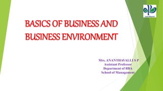 BASICS OF BUSINESS AND
BUSINESS ENVIRONMENT
Mrs. ANANTHAVALLI S P
Assistant Professor
Department of BBA
School of Management
 