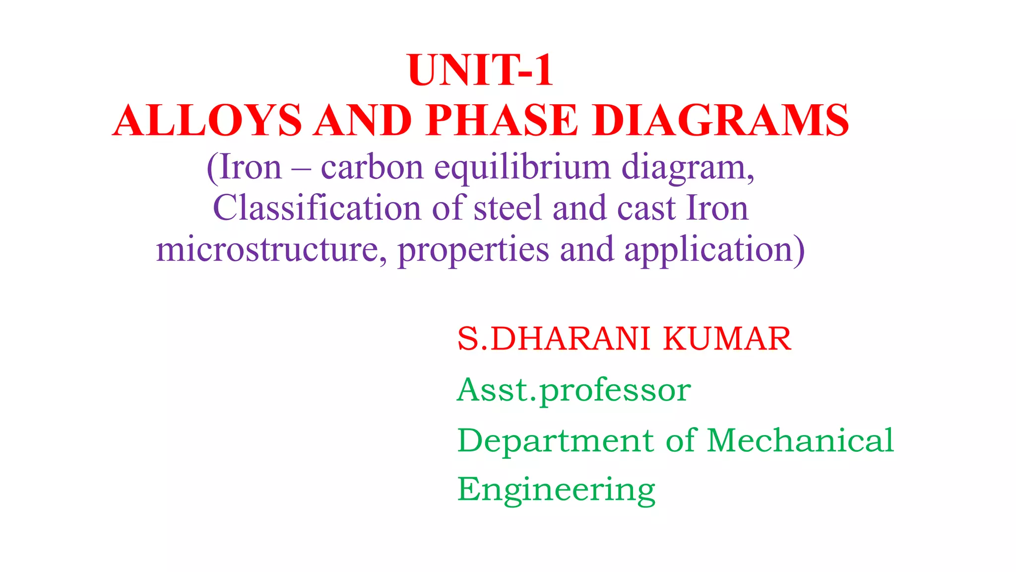 S.DHARANI KUMAR
Asst.professor
Department of Mechanical
Engineering
UNIT-1
ALLOYS AND PHASE DIAGRAMS
(Iron – carbon equilibrium diagram,
Classification of steel and cast Iron
microstructure, properties and application)
 