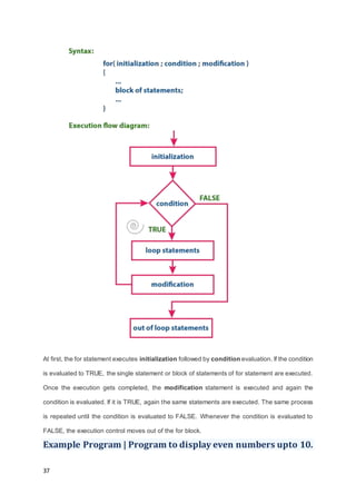 37
At first, the for statement executes initialization followed by condition evaluation. If the condition
is evaluated to TRUE, the single statement or block of statements of for statement are executed.
Once the execution gets completed, the modification statement is executed and again the
condition is evaluated. If it is TRUE, again the same statements are executed. The same process
is repeated until the condition is evaluated to FALSE. Whenever the condition is evaluated to
FALSE, the execution control moves out of the for block.
Example Program | Program to display even numbers upto 10.
 