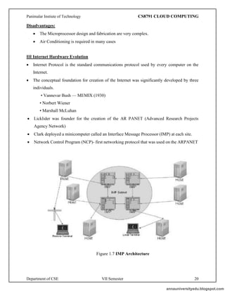 Panimalar Instiute of Technology CS8791 CLOUD COMPUTING
Department of CSE VII Semester 20
Disadvantages:
• The Microprocessor design and fabrication are very complex.
• Air Conditioning is required in many cases
III Internet Hardware Evolution
• Internet Protocol is the standard communications protocol used by every computer on the
Internet.
• The conceptual foundation for creation of the Internet was significantly developed by three
individuals.
• Vannevar Bush — MEMIX (1930)
• Norbert Wiener
• Marshall McLuhan
• Licklider was founder for the creation of the AR PANET (Advanced Research Projects
Agency Network)
• Clark deployed a minicomputer called an Interface Message Processor (IMP) at each site.
• Network Control Program (NCP)- first networking protocol that was used on the ARPANET
Figure 1.7 IMP Architecture
annauniversityedu.blogspot.com
 