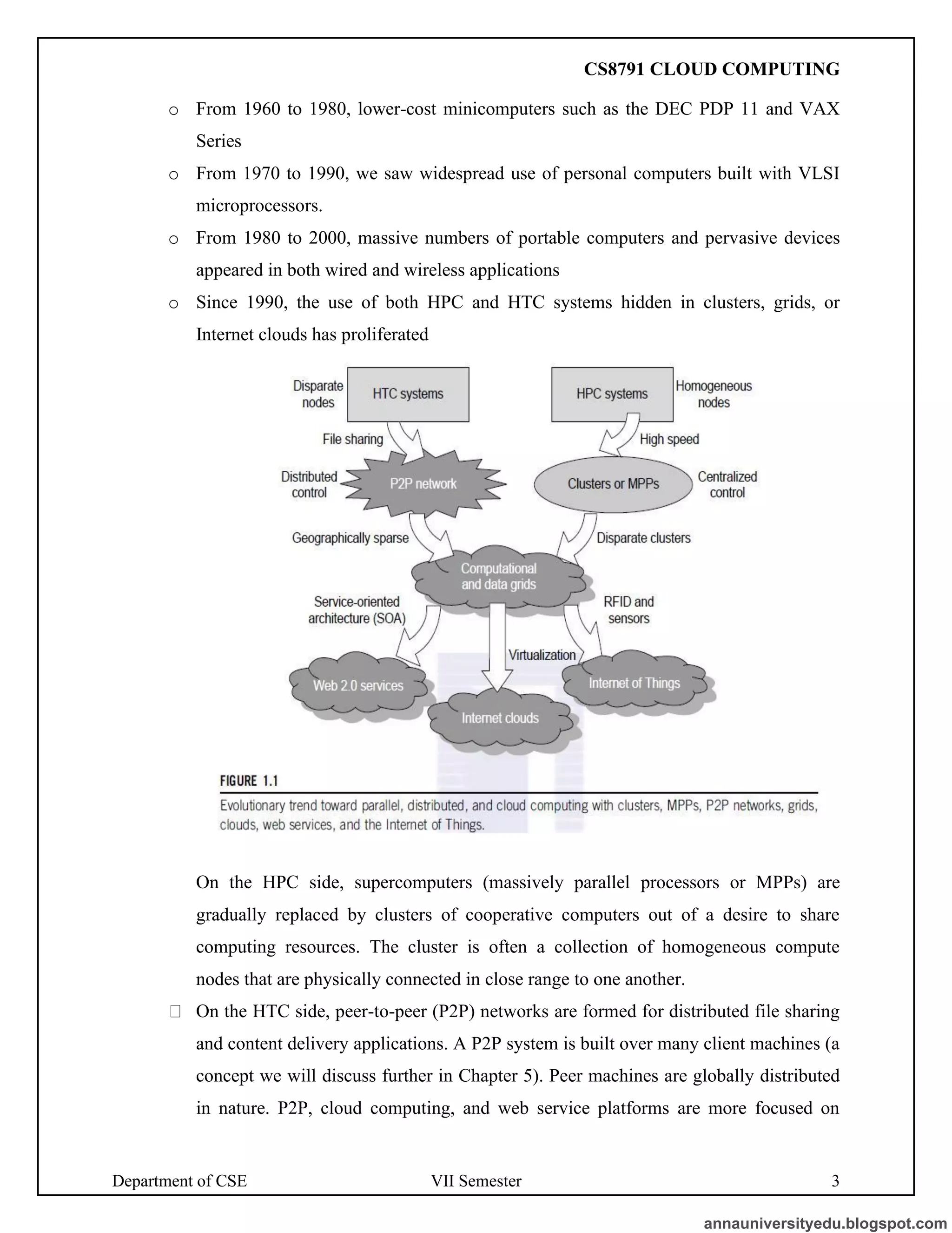 Department of CSE VII Semester 3
o From 1960 to 1980, lower-cost minicomputers such as the DEC PDP 11 and VAX
Series
o From 1970 to 1990, we saw widespread use of personal computers built with VLSI
microprocessors.
o From 1980 to 2000, massive numbers of portable computers and pervasive devices
appeared in both wired and wireless applications
o Since 1990, the use of both HPC and HTC systems hidden in clusters, grids, or
Internet clouds has proliferated
On the HPC side, supercomputers (massively parallel processors or MPPs) are
gradually replaced by clusters of cooperative computers out of a desire to share
computing resources. The cluster is often a collection of homogeneous compute
nodes that are physically connected in close range to one another.
On the HTC side, peer-to-peer (P2P) networks are formed for distributed file sharing
and content delivery applications. A P2P system is built over many client machines (a
concept we will discuss further in Chapter 5). Peer machines are globally distributed
in nature. P2P, cloud computing, and web service platforms are more focused on
annauniversityedu.blogspot.com
CS8791 CLOUD COMPUTING
 