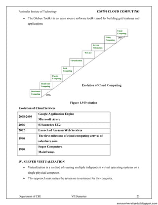 Panimalar Instiute of Technology CS8791 CLOUD COMPUTING
Department of CSE VII Semester 23
• The Globus Toolkit is an open source software toolkit used for building grid systems and
applications
Figure 1.9 Evolution
Evolution of Cloud Services
IV. SERVER VIRTUALIZATION
• Virtualization is a method of running multiple independent virtual operating systems on a
single physical computer.
• This approach maximizes the return on investment for the computer.
2008-2009
Google Application Engine
Microsoft Azure
2006 S3 launches EC2
2002 Launch of Amazon Web Services
1990
The first milestone of cloud computing arrival of
salesforce.com
1960
Super Computers
Mainframes
annauniversityedu.blogspot.com
 