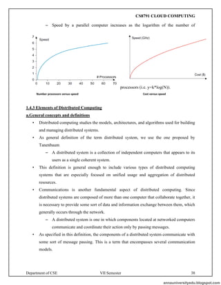 Department of CSE VII Semester 38
– Speed by a parallel computer increases as the logarithm of the number of
processors (i.e. y=k*log(N)).
Number processors versus speed Cost versus speed
1.4.3 Elements of Distributed Computing
a.General concepts and definitions
• Distributed computing studies the models, architectures, and algorithms used for building
and managing distributed systems.
• As general definition of the term distributed system, we use the one proposed by
Tanenbaum
– A distributed system is a collection of independent computers that appears to its
users as a single coherent system.
• This definition is general enough to include various types of distributed computing
systems that are especially focused on unified usage and aggregation of distributed
resources.
• Communications is another fundamental aspect of distributed computing. Since
distributed systems are composed of more than one computer that collaborate together, it
is necessary to provide some sort of data and information exchange between them, which
generally occurs through the network.
– A distributed system is one in which components located at networked computers
communicate and coordinate their action only by passing messages.
• As specified in this definition, the components of a distributed system communicate with
some sort of message passing. This is a term that encompasses several communication
models.
annauniversityedu.blogspot.com
CS8791 CLOUD COMPUTING
 