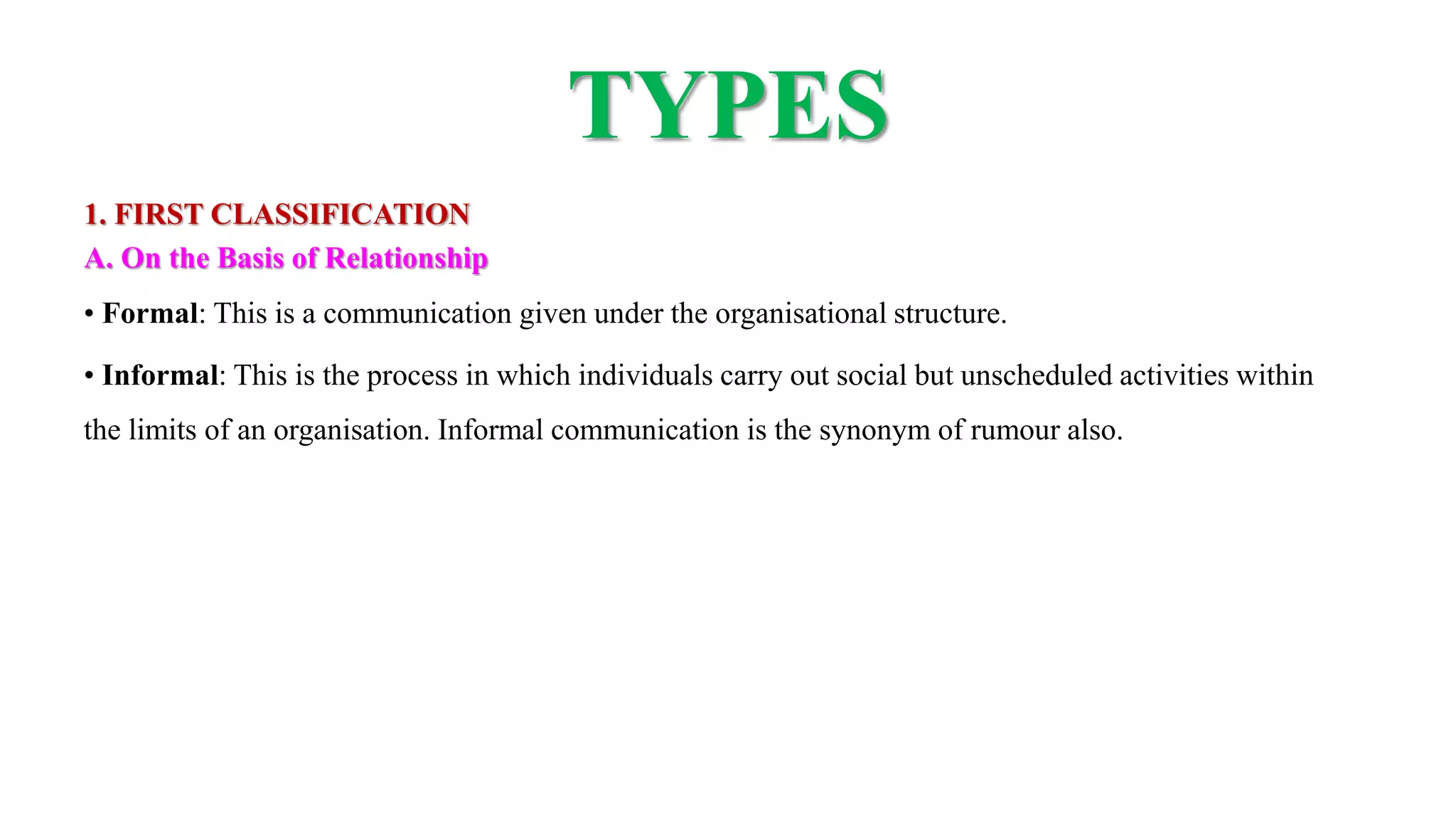 TYPES
1. FIRST CLASSIFICATION
A. On the Basis of Relationship
• Formal: This is a communication given under the organisational structure.
• Informal: This is the process in which individuals carry out social but unscheduled activities within
the limits of an organisation. Informal communication is the synonym of rumour also.
 