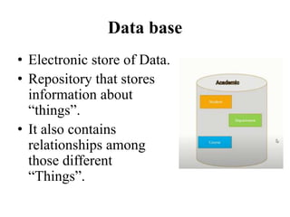 Data base
• Electronic store of Data.
• Repository that stores
information about
“things”.
• It also contains
relationships among
those different
“Things”.
 
