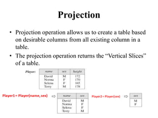 Projection
• Projection operation allows us to create a table based
on desirable columns from all existing column in a
table.
• The projection operation returns the “Vertical Slices”
of a table.
 