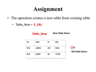 Assignment
• The operation creates a new table from existing table
• Table_New = E_SAL
Table_New
Old Table Name
New Table Name
 