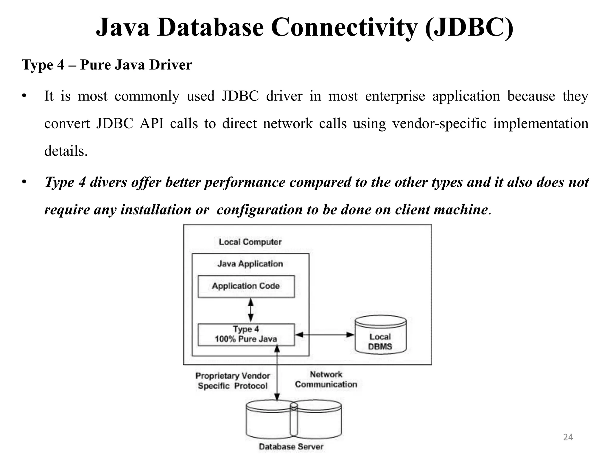 Java Database Connectivity (JDBC)
Type 4 – Pure Java Driver
• It is most commonly used JDBC driver in most enterprise application because they
convert JDBC API calls to direct network calls using vendor-specific implementation
details.
• Type 4 divers offer better performance compared to the other types and it also does not
require any installation or configuration to be done on client machine.
24
 
