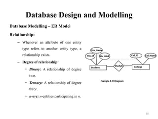 Database Design and Modelling
Database Modelling – ER Model
Relationship:
– Whenever an attribute of one entity
type refers to another entity type, a
relationship exists.
– Degree of relationship:
• Binary: A relationship of degree
two.
• Ternary: A relationship of degree
three.
• n-ary: n-entities participating in n.
10
 