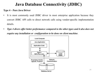 Java Database Connectivity (JDBC)
Type 4 – Pure Java Driver
• It is most commonly used JDBC driver in most enterprise application because they
convert JDBC API calls to direct network calls using vendor-specific implementation
details.
• Type 4 divers offer better performance compared to the other types and it also does not
require any installation or configuration to be done on client machine.
24
 