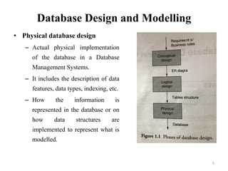 Database Design and Modelling
• Physical database design
– Actual physical implementation
of the database in a Database
Management Systems.
– It includes the description of data
features, data types, indexing, etc.
– How the information is
represented in the database or on
how data structures are
implemented to represent what is
modelled.
5
 