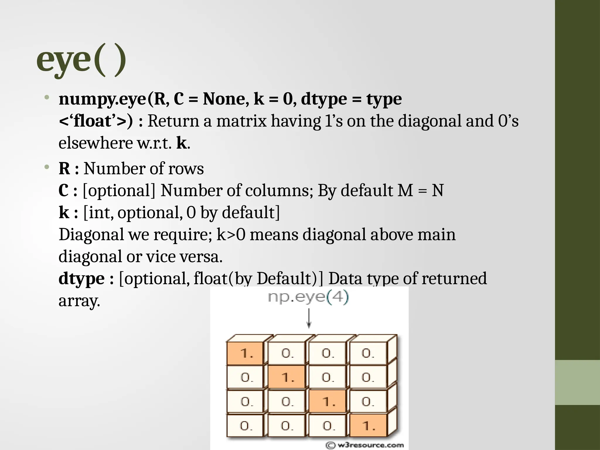 eye( ) • numpy.eye(R, C = None, k = 0, dtype = type <‘float’>) : Return a matrix having 1’s on the diagonal and 0’s elsewhere w.r.t. k. • R : Number of rows C : [optional] Number of columns; By default M = N k : [int, optional, 0 by default] Diagonal we require; k>0 means diagonal above main diagonal or vice versa. dtype : [optional, float(by Default)] Data type of returned array. 