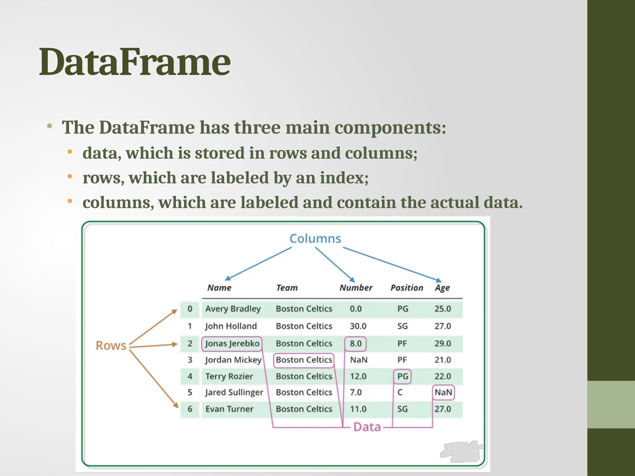 DataFrame • The DataFrame has three main components: • data, which is stored in rows and columns; • rows, which are labeled by an index; • columns, which are labeled and contain the actual data. 