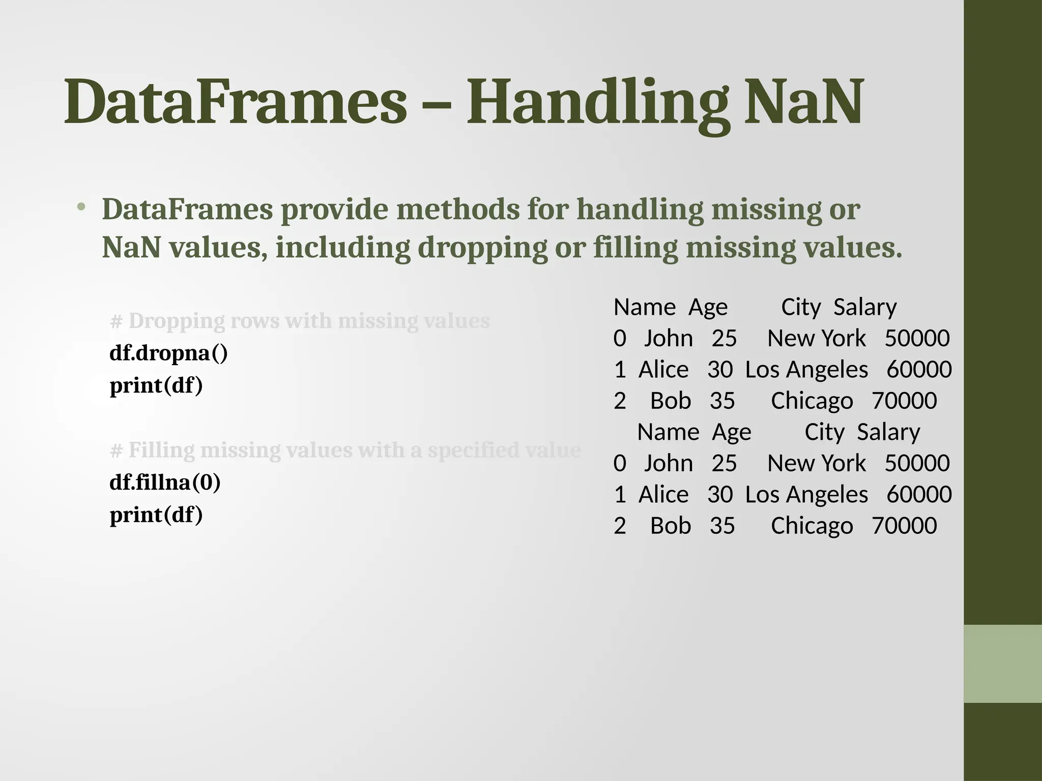 DataFrames – Handling NaN • DataFrames provide methods for handling missing or NaN values, including dropping or filling missing values. # Dropping rows with missing values df.dropna() print(df) # Filling missing values with a specified value df.fillna(0) print(df) Name Age City Salary 0 John 25 New York 50000 1 Alice 30 Los Angeles 60000 2 Bob 35 Chicago 70000 Name Age City Salary 0 John 25 New York 50000 1 Alice 30 Los Angeles 60000 2 Bob 35 Chicago 70000 