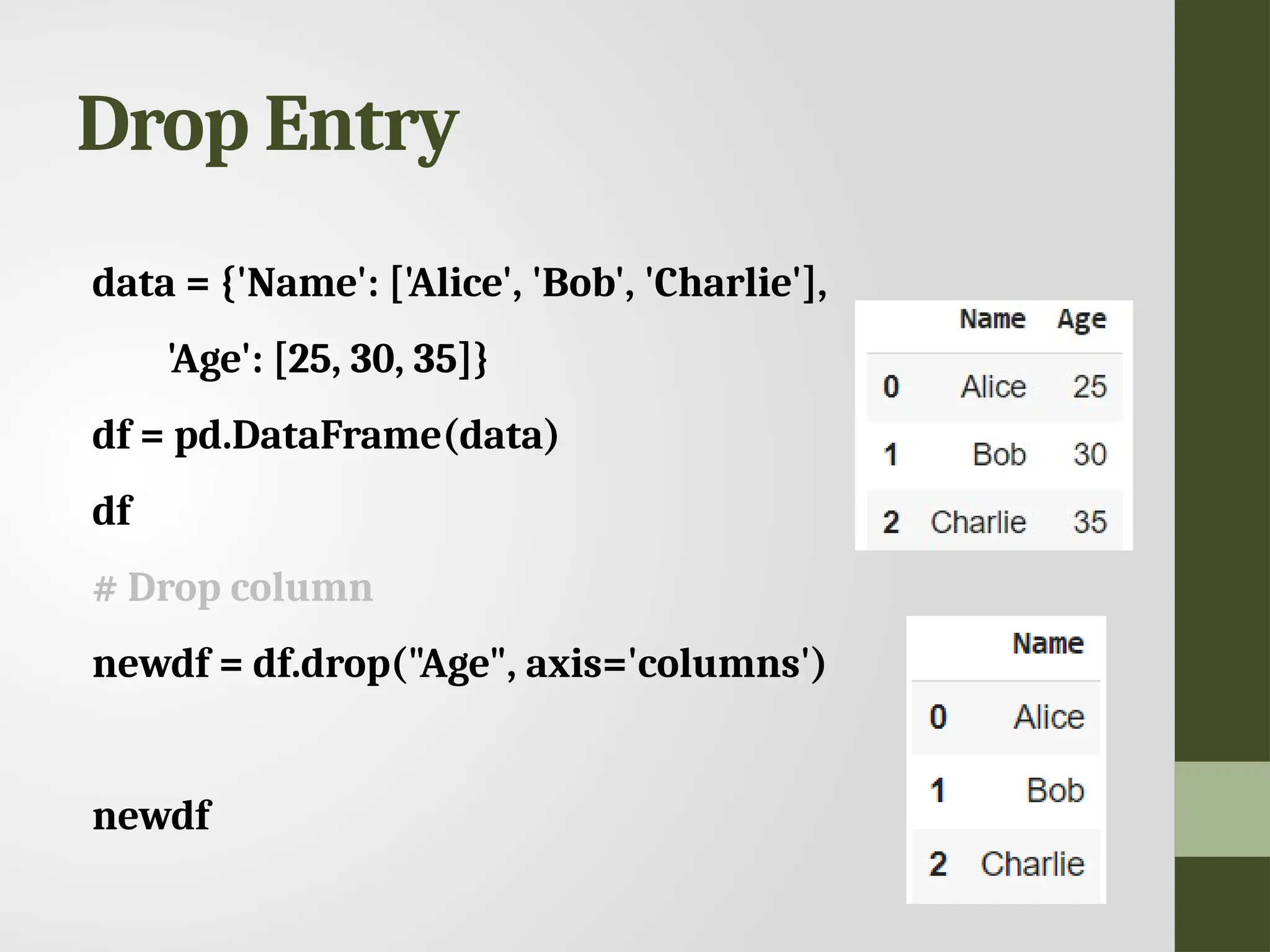 Drop Entry data = {'Name': ['Alice', 'Bob', 'Charlie'], 'Age': [25, 30, 35]} df = pd.DataFrame(data) df # Drop column newdf = df.drop("Age", axis='columns') newdf 