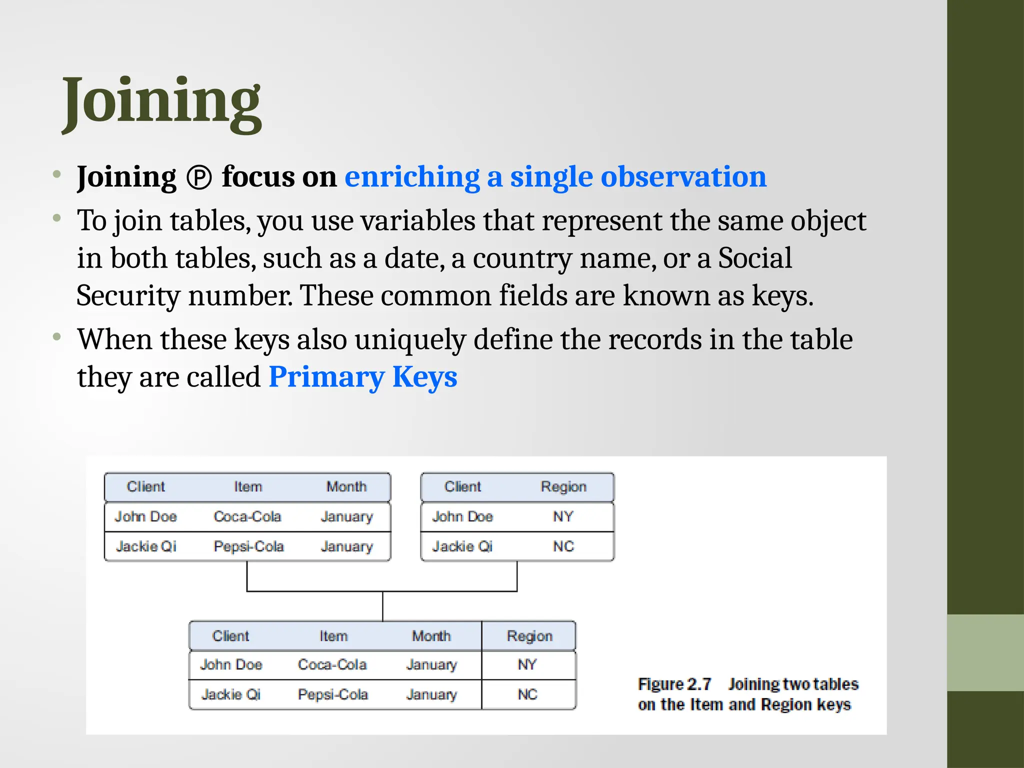 Joining • Joining  focus on enriching a single observation • To join tables, you use variables that represent the same object in both tables, such as a date, a country name, or a Social Security number. These common fields are known as keys. • When these keys also uniquely define the records in the table they are called Primary Keys 