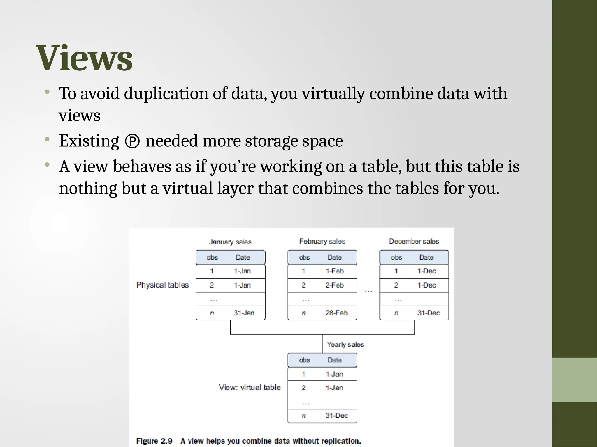 Views • To avoid duplication of data, you virtually combine data with views • Existing  needed more storage space • A view behaves as if you’re working on a table, but this table is nothing but a virtual layer that combines the tables for you. 