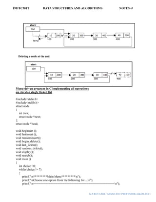 191ITC301T DATA STRUCTURES AND ALGORITHMS NOTES -I
K.P.REVATHI / ASSISTANT PROFESSOR,AI&DS,EEC |
Deleting a node at the end:
Menu-driven program in C implementing all operations
on circular singly linked list
#include<stdio.h>
#include<stdlib.h>
struct node
{
int data;
struct node *next;
};
struct node *head;
void beginsert ();
void lastinsert ();
void randominsert();
void begin_delete();
void last_delete();
void random_delete();
void display();
void search();
void main ()
{
int choice =0;
while(choice != 7)
{
printf("n*********Main Menu*********n");
printf("nChoose one option from the following list ...n");
printf("n===============================================n");
 