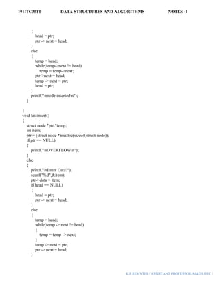 191ITC301T DATA STRUCTURES AND ALGORITHMS NOTES -I
K.P.REVATHI / ASSISTANT PROFESSOR,AI&DS,EEC |
{
head = ptr;
ptr -> next = head;
}
else
{
temp = head;
while(temp->next != head)
temp = temp->next;
ptr->next = head;
temp -> next = ptr;
head = ptr;
}
printf("nnode insertedn");
}
}
void lastinsert()
{
struct node *ptr,*temp;
int item;
ptr = (struct node *)malloc(sizeof(struct node));
if(ptr == NULL)
{
printf("nOVERFLOWn");
}
else
{
printf("nEnter Data?");
scanf("%d",&item);
ptr->data = item;
if(head == NULL)
{
head = ptr;
ptr -> next = head;
}
else
{
temp = head;
while(temp -> next != head)
{
temp = temp -> next;
}
temp -> next = ptr;
ptr -> next = head;
}
 