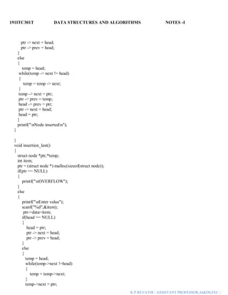 191ITC301T DATA STRUCTURES AND ALGORITHMS NOTES -I
K.P.REVATHI / ASSISTANT PROFESSOR,AI&DS,EEC |
ptr -> next = head;
ptr -> prev = head;
}
else
{
temp = head;
while(temp -> next != head)
{
temp = temp -> next;
}
temp -> next = ptr;
ptr -> prev = temp;
head -> prev = ptr;
ptr -> next = head;
head = ptr;
}
printf("nNode insertedn");
}
}
void insertion_last()
{
struct node *ptr,*temp;
int item;
ptr = (struct node *) malloc(sizeof(struct node));
if(ptr == NULL)
{
printf("nOVERFLOW");
}
else
{
printf("nEnter value");
scanf("%d",&item);
ptr->data=item;
if(head == NULL)
{
head = ptr;
ptr -> next = head;
ptr -> prev = head;
}
else
{
temp = head;
while(temp->next !=head)
{
temp = temp->next;
}
temp->next = ptr;
 