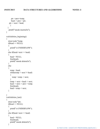 191ITC301T DATA STRUCTURES AND ALGORITHMS NOTES -I
K.P.REVATHI / ASSISTANT PROFESSOR,AI&DS,EEC |
ptr ->prev=temp;
head -> prev = ptr;
ptr -> next = head;
}
}
printf("nnode insertedn");
}
void deletion_beginning()
{
struct node *temp;
if(head == NULL)
{
printf("n UNDERFLOW");
}
else if(head->next == head)
{
head = NULL;
free(head);
printf("nnode deletedn");
}
else
{
temp = head;
while(temp -> next != head)
{
temp = temp -> next;
}
temp -> next = head -> next;
head -> next -> prev = temp;
free(head);
head = temp -> next;
}
}
void deletion_last()
{
struct node *ptr;
if(head == NULL)
{
printf("n UNDERFLOW");
}
else if(head->next == head)
{
head = NULL;
free(head);
printf("nnode deletedn");
}
 