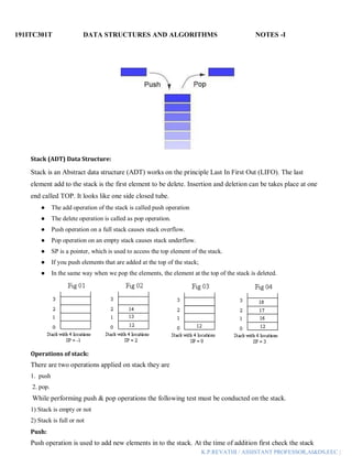 191ITC301T DATA STRUCTURES AND ALGORITHMS NOTES -I
K.P.REVATHI / ASSISTANT PROFESSOR,AI&DS,EEC |
Stack (ADT) Data Structure:
Stack is an Abstract data structure (ADT) works on the principle Last In First Out (LIFO). The last
element add to the stack is the first element to be delete. Insertion and deletion can be takes place at one
end called TOP. It looks like one side closed tube.
● The add operation of the stack is called push operation
● The delete operation is called as pop operation.
● Push operation on a full stack causes stack overflow.
● Pop operation on an empty stack causes stack underflow.
● SP is a pointer, which is used to access the top element of the stack.
● If you push elements that are added at the top of the stack;
● In the same way when we pop the elements, the element at the top of the stack is deleted.
Operations of stack:
There are two operations applied on stack they are
1. push
2. pop.
While performing push & pop operations the following test must be conducted on the stack.
1) Stack is empty or not
2) Stack is full or not
Push:
Push operation is used to add new elements in to the stack. At the time of addition first check the stack
 