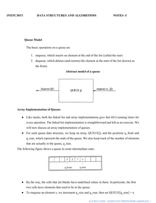 191ITC301T DATA STRUCTURES AND ALGORITHMS NOTES -I
K.P.REVATHI / ASSISTANT PROFESSOR,AI&DS,EEC |
Queue Model
The basic operations on a queue are
1. enqueue, which inserts an element at the end of the list (called the rear)
2. dequeue, which deletes (and returns) the element at the start of the list (known as
the front).
Abstract model of a queue
Array Implementation of Queues
● Like stacks, both the linked list and array implementations give fast O(1) running times for
every operation. The linked list implementation is straightforward and left as an exercise. We
will now discuss an array implementation of queues.
● For each queue data structure, we keep an array, QUEUE[], and the positions q_front and
q_rear, which represent the ends of the queue. We also keep track of the number of elements
that are actually in the queue, q_size.
The following figure shows a queue in some intermediate state.
● By the way, the cells that are blanks have undefined values in them. In particular, the first
two cells have elements that used to be in the queue.
● To enqueue an element x, we increment q_size and q_rear, then set QUEUE[q_rear] = x.
 