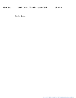 191ITC301T DATA STRUCTURES AND ALGORITHMS NOTES -I
K.P.REVATHI / ASSISTANT PROFESSOR,AI&DS,EEC |
Circular Queue:
 