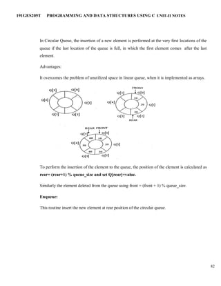 191GES205T PROGRAMMING AND DATA STRUCTURES USING C UNIT-II NOTES
82
In Circular Queue, the insertion of a new element is performed at the very first locations of the
queue if the last location of the queue is full, in which the first element comes after the last
element.
Advantages:
It overcomes the problem of unutilized space in linear queue, when it is implemented as arrays.
To perform the insertion of the element to the queue, the position of the element is calculated as
rear= (rear+1) % queue_size and set Q[rear]=value.
Similarly the element deleted from the queue using front = (front + 1) % queue_size.
Enqueue:
This routine insert the new element at rear position of the circular queue.
 