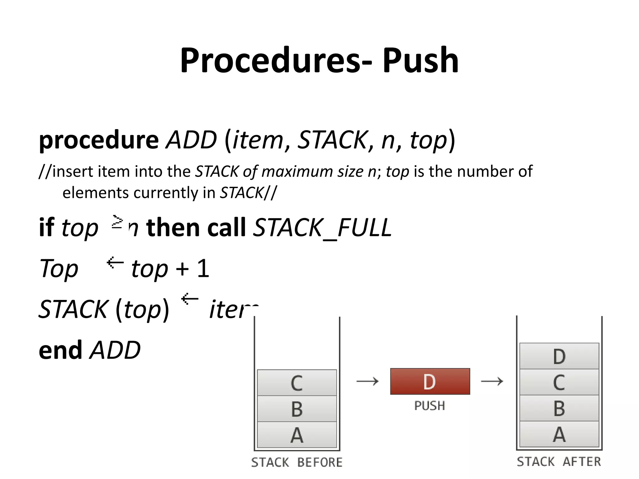 Procedures- Push
procedure ADD (item, STACK, n, top)
//insert item into the STACK of maximum size n; top is the number of
elements currently in STACK//
if top n then call STACK_FULL
Top top + 1
STACK (top) item
end ADD
 
