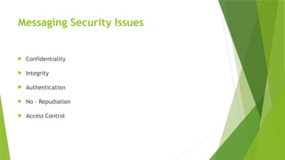 Messaging Security Issues
 Confidentiality
 Integrity
 Authentication
 No – Repudiation
 Access Control
 