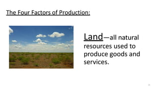 The Four Factors of Production:
Land—all natural
resources used to
produce goods and
services.
22
 