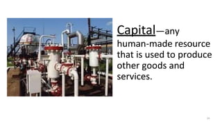 Capital—any
human-made resource
that is used to produce
other goods and
services.
24
 