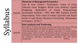 Syllabus
Unit III
Elements of Managerial Economics
Cost & Cost Control –Techniques, Types of Costs,
Lifecycle costs, Budgets, Break even Analysis, Capital
Budgeting, Application of Linear Programming.
Investment Analysis – NPV, ROI, IRR, Payback Period,
Depreciation, Time value of money (present and future
worth of cash flows). Business Forecasting –Elementary
techniques.. (6 Hrs.)
Unit IV
Rate analysis and Tendering
Rate analysis - Purpose, importance and necessity of the same, factors affecting,
task work, daily output from different equipment/ productivity. (03Hrs)
Tendering-Preparation of tender documents, importance of inviting tenders,
contract types, relative merits, prequalification. general and special conditions,
termination of contracts, penalty and liquidated charges, Settlement of disputes.
Bid conditions, alternative specifications, Alternative Bids, Bid process
management (03Hrs).
6
 