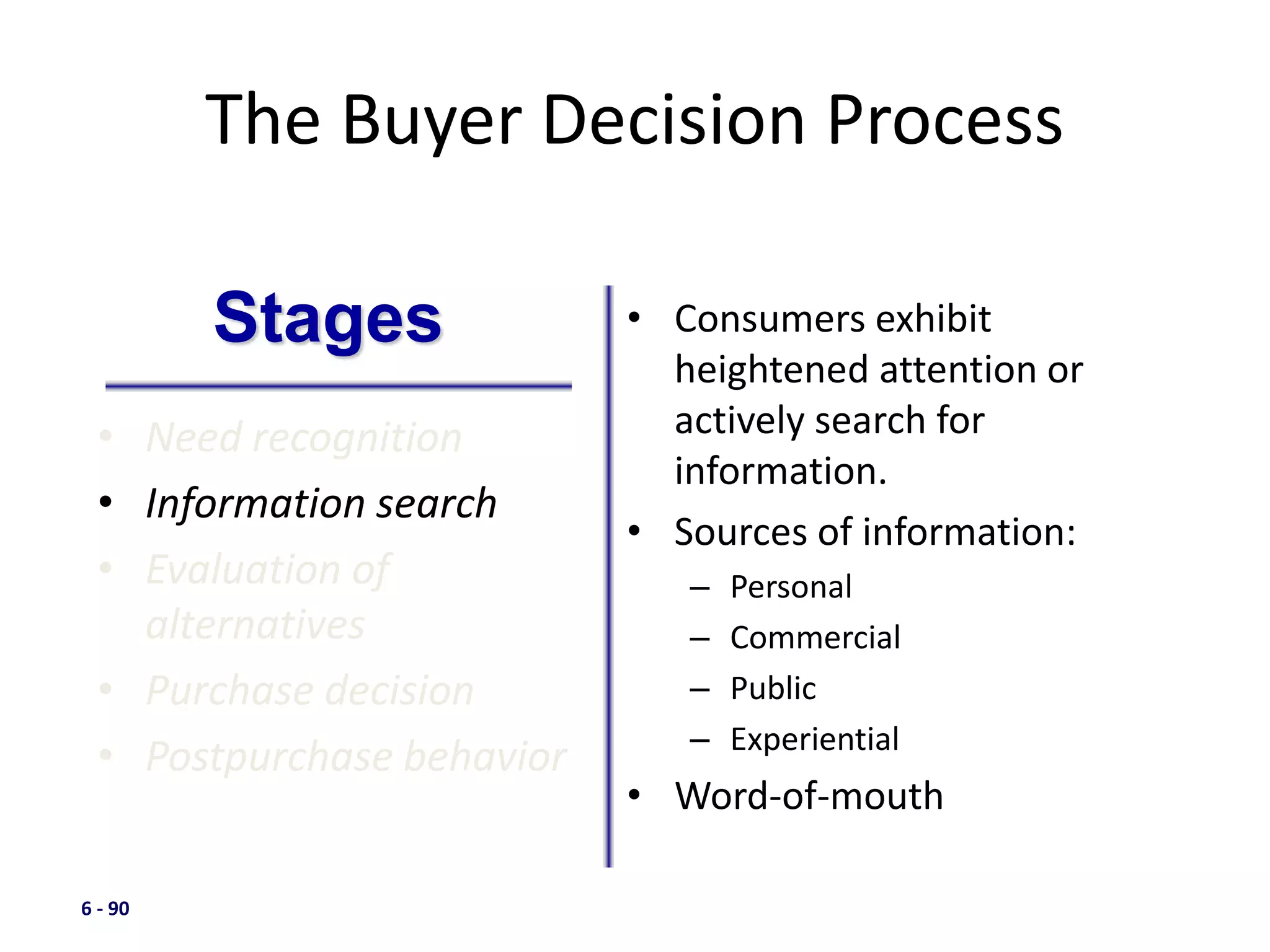 6 - 90
The Buyer Decision Process
• Need recognition
• Information search
• Evaluation of
alternatives
• Purchase decision
• Postpurchase behavior
• Consumers exhibit
heightened attention or
actively search for
information.
• Sources of information:
– Personal
– Commercial
– Public
– Experiential
• Word-of-mouth
Stages
 