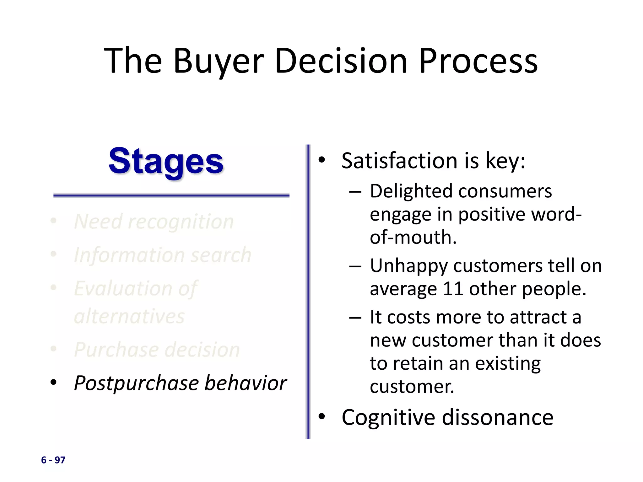 6 - 97
The Buyer Decision Process
• Need recognition
• Information search
• Evaluation of
alternatives
• Purchase decision
• Postpurchase behavior
• Satisfaction is key:
– Delighted consumers
engage in positive word-
of-mouth.
– Unhappy customers tell on
average 11 other people.
– It costs more to attract a
new customer than it does
to retain an existing
customer.
• Cognitive dissonance
Stages
 