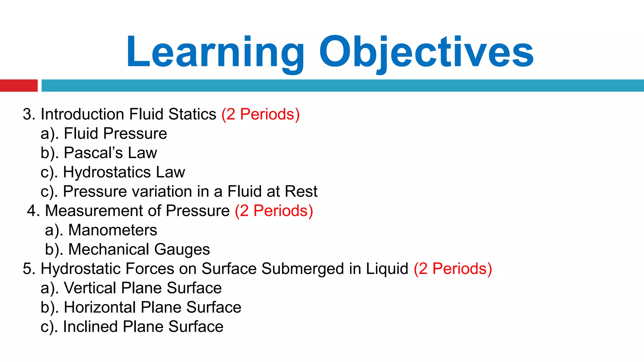 Learning Objectives
3. Introduction Fluid Statics (2 Periods)
a). Fluid Pressure
b). Pascal’s Law
c). Hydrostatics Law
c). Pressure variation in a Fluid at Rest
4. Measurement of Pressure (2 Periods)
a). Manometers
b). Mechanical Gauges
5. Hydrostatic Forces on Surface Submerged in Liquid (2 Periods)
a). Vertical Plane Surface
b). Horizontal Plane Surface
c). Inclined Plane Surface
 