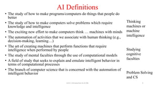 AI Definitions
• The study of how to make programs/computers do things that people do
better
• The study of how to make computers solve problems which require
knowledge and intelligence
• The exciting new effort to make computers think … machines with minds
• The automation of activities that we associate with human thinking (e.g.,
decision-making, learning…)
• The art of creating machines that perform functions that require
intelligence when performed by people
• The study of mental faculties through the use of computational models
• A field of study that seeks to explain and emulate intelligent behavior in
terms of computational processes
• The branch of computer science that is concerned with the automation of
intelligent behavior
Thinking
machines or
machine
intelligence
Studying
cognitive
faculties
Problem Solving
and CS
Unit-1 Introduction to AI ML 3
 