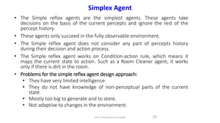 Simplex Agent
• The Simple reflex agents are the simplest agents. These agents take
decisions on the basis of the current percepts and ignore the rest of the
percept history.
• These agents only succeed in the fully observable environment.
• The Simple reflex agent does not consider any part of percepts history
during their decision and action process.
• The Simple reflex agent works on Condition-action rule, which means it
maps the current state to action. Such as a Room Cleaner agent, it works
only if there is dirt in the room.
• Problems for the simple reflex agent design approach:
• They have very limited intelligence
• They do not have knowledge of non-perceptual parts of the current
state
• Mostly too big to generate and to store.
• Not adaptive to changes in the environment.
37
Unit-1 Introduction to AI ML
 