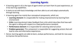 Learning Agents
• A learning agent in AI is the type of agent which can learn from its past experiences, or
it has learning capabilities.
• It starts to act with basic knowledge and then able to act and adapt automatically
through learning.
• A learning agent has mainly four conceptual components, which are:
• Learning element: It is responsible for making improvements by learning from
environment
• Critic: Learning element takes feedback from critic which describes that how well
the agent is doing with respect to a fixed performance standard.
• Performance element: It is responsible for selecting external action
• Problem generator: This component is responsible for suggesting actions that will
lead to new and informative experiences.
• Hence, learning agents are able to learn, analyze performance, and look for new ways
to improve the performance.
47
Unit-1 Introduction to AI ML
 