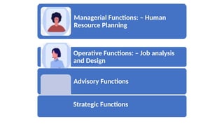 Functions of HRM
Managerial Functions: – Human
Resource Planning
Operative Functions: – Job analysis
and Design
Advisory Functions
Strategic Functions
 