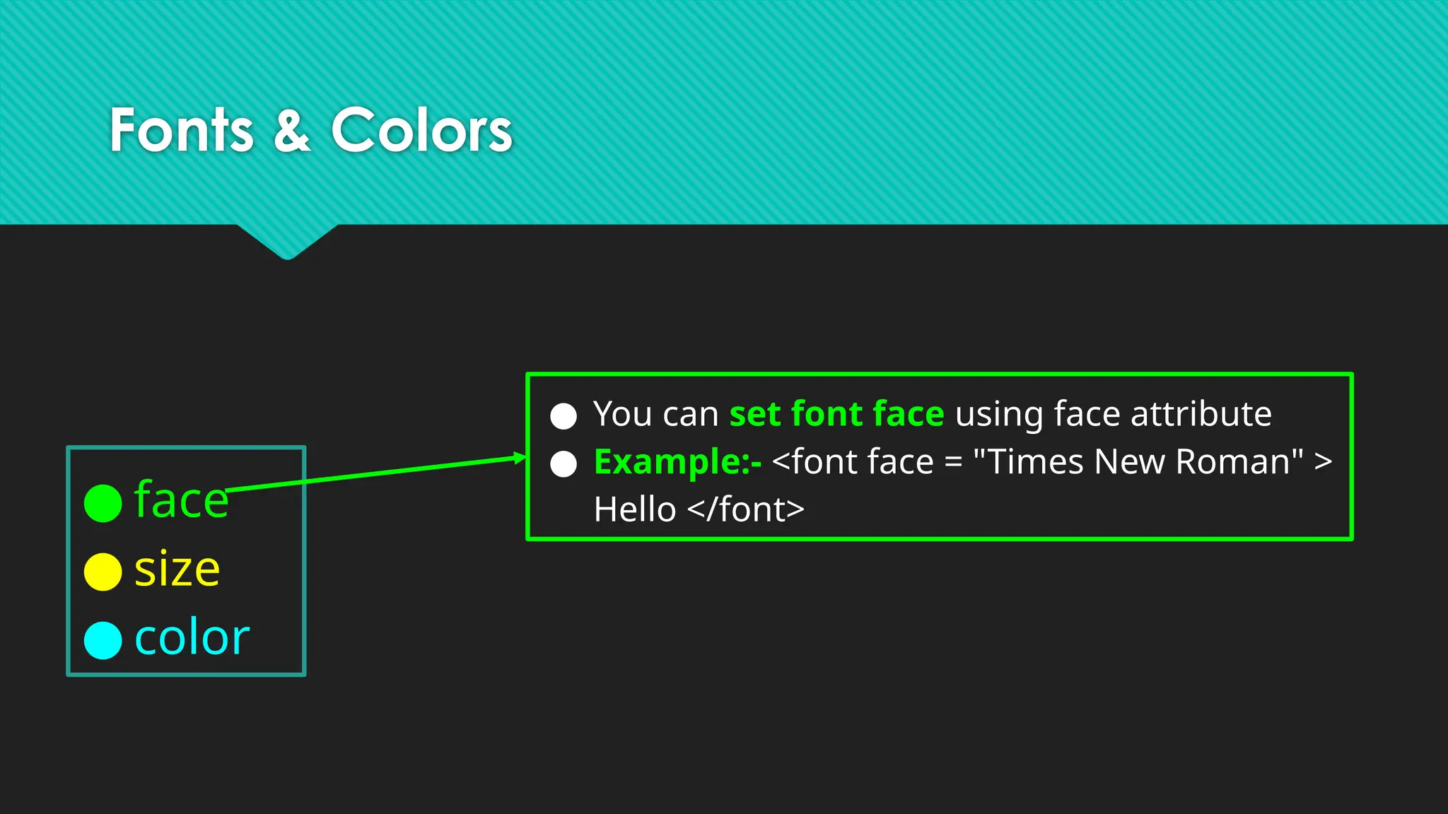 Fonts & Colors
● face
● size
● color
● You can set font face using face attribute
● Example:- <font face = "Times New Roman" >
Hello </font>
 